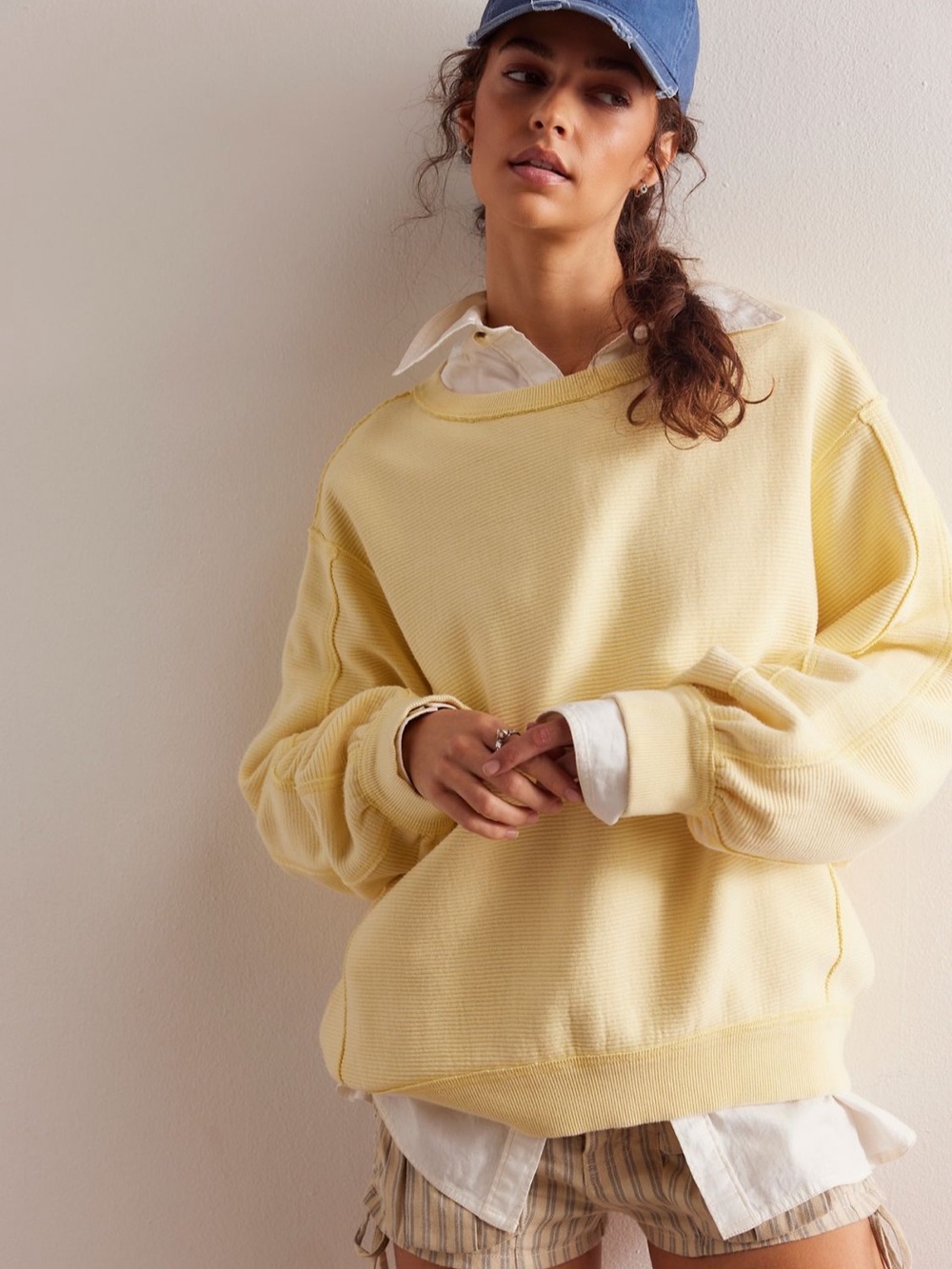 Free People We the Free End Game Pullover Sweatshirt Stripes Yellow